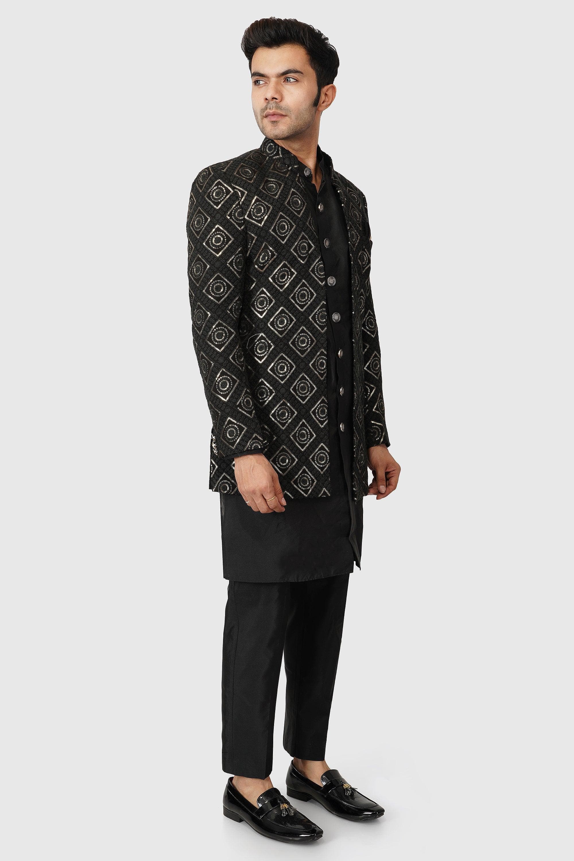 SANTI HOMME Gold Patterned Shrug Sherwani Set