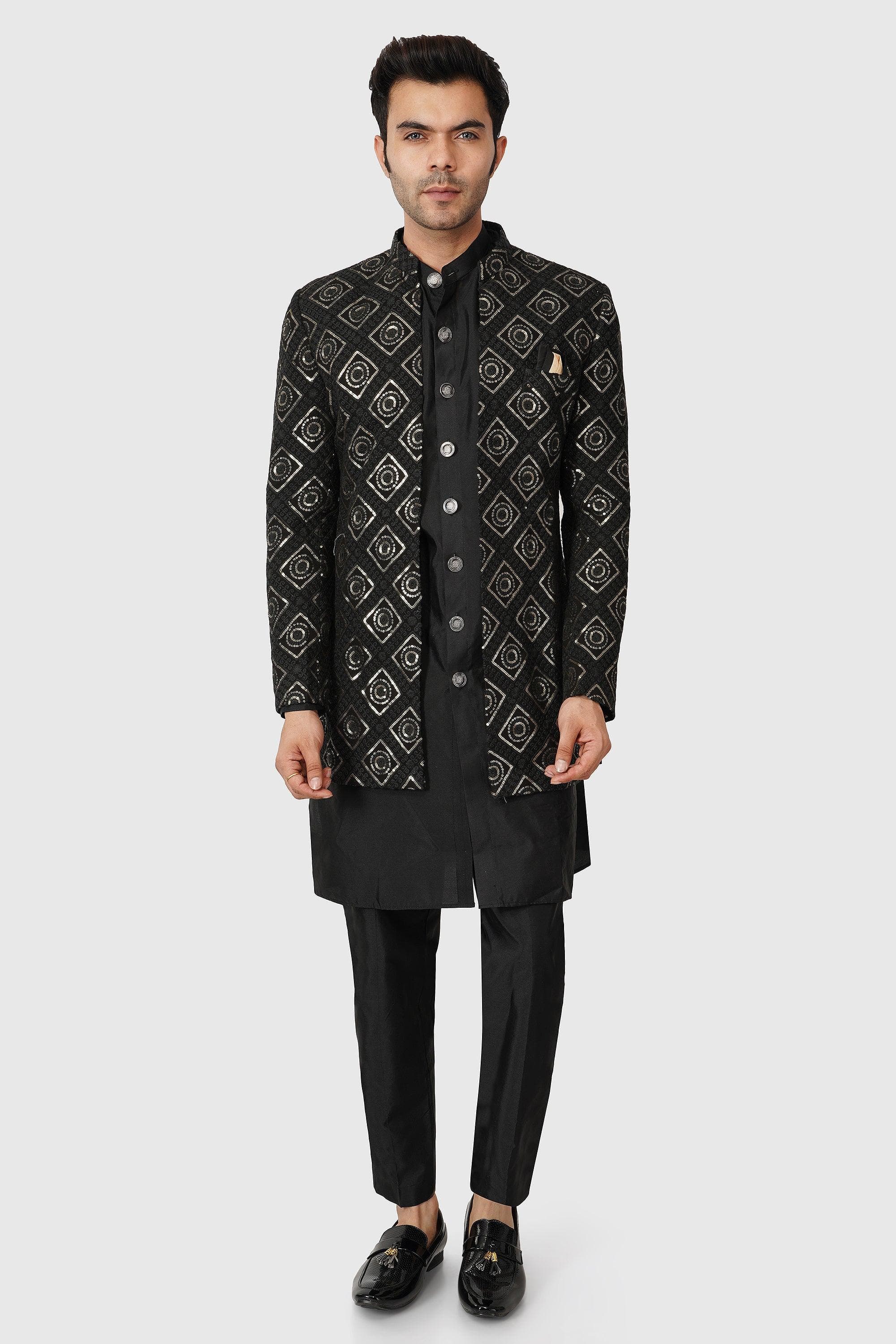 SANTI HOMME Gold Patterned Shrug Sherwani Set