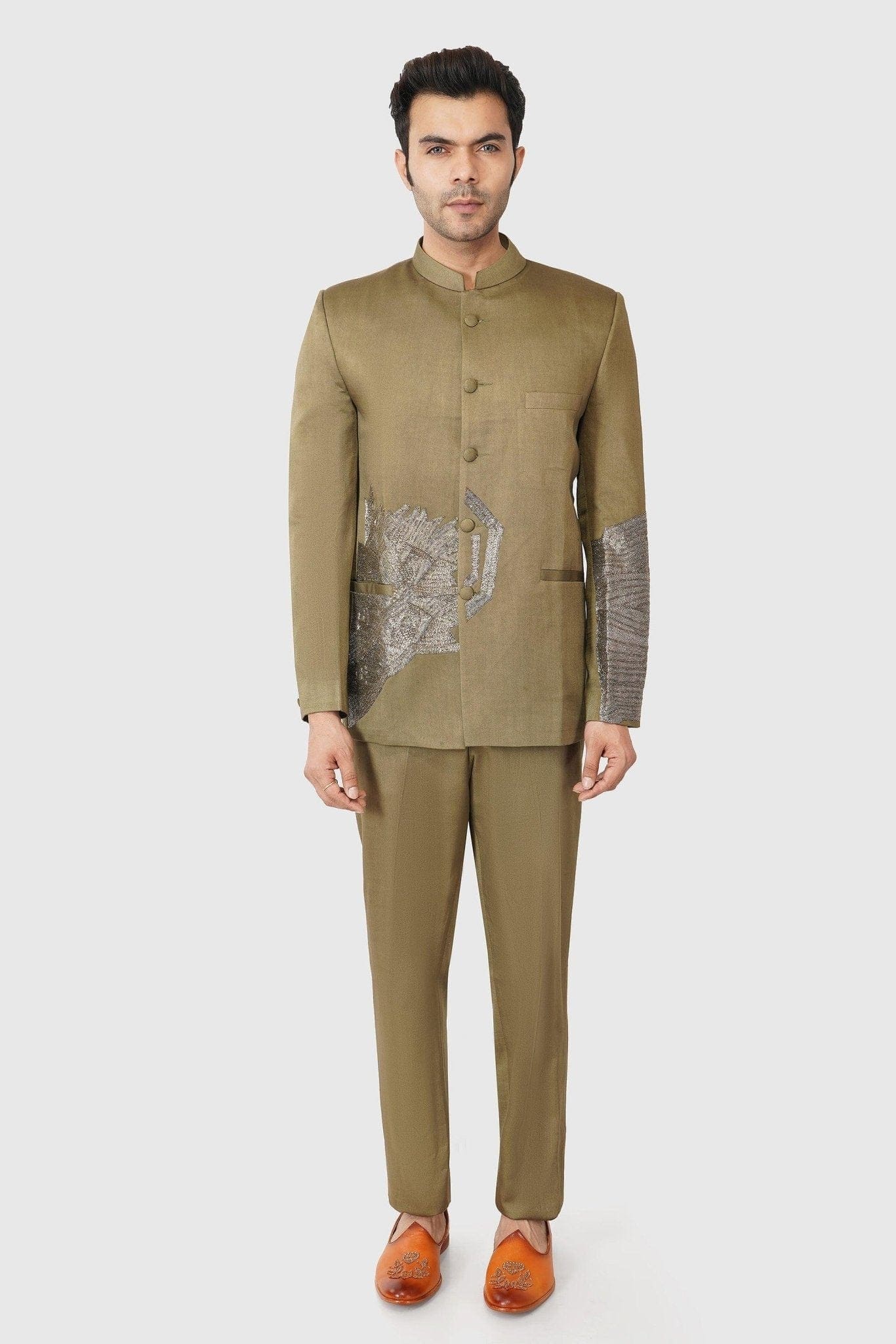 SANTI HOMME Matrix Khaki Bandhgala Set