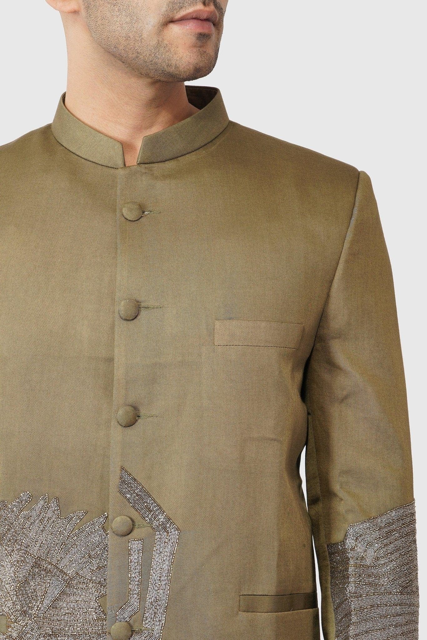 SANTI HOMME Matrix Khaki Bandhgala Set