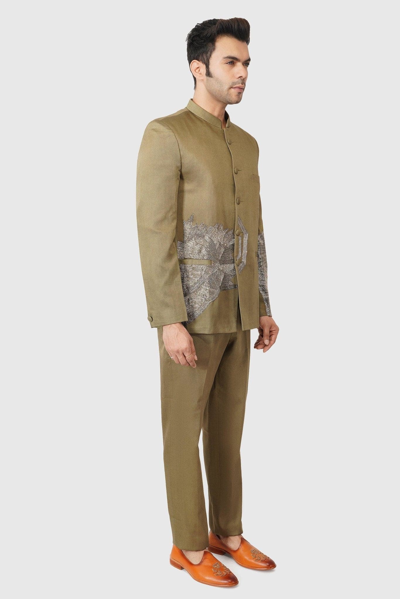 SANTI HOMME Matrix Khaki Bandhgala Set