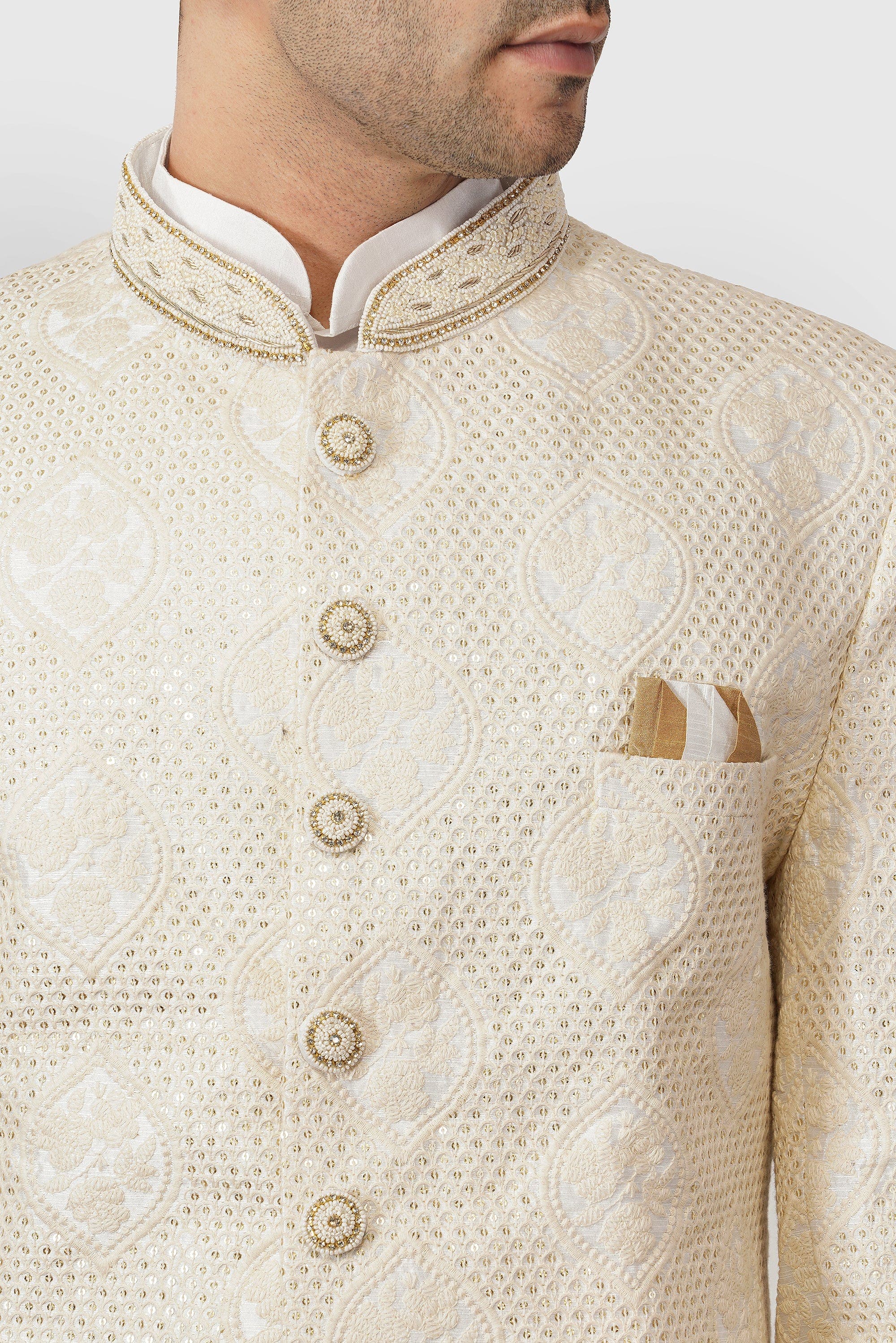 SANTI HOMME Off-White Embroidered Sherwani Set
