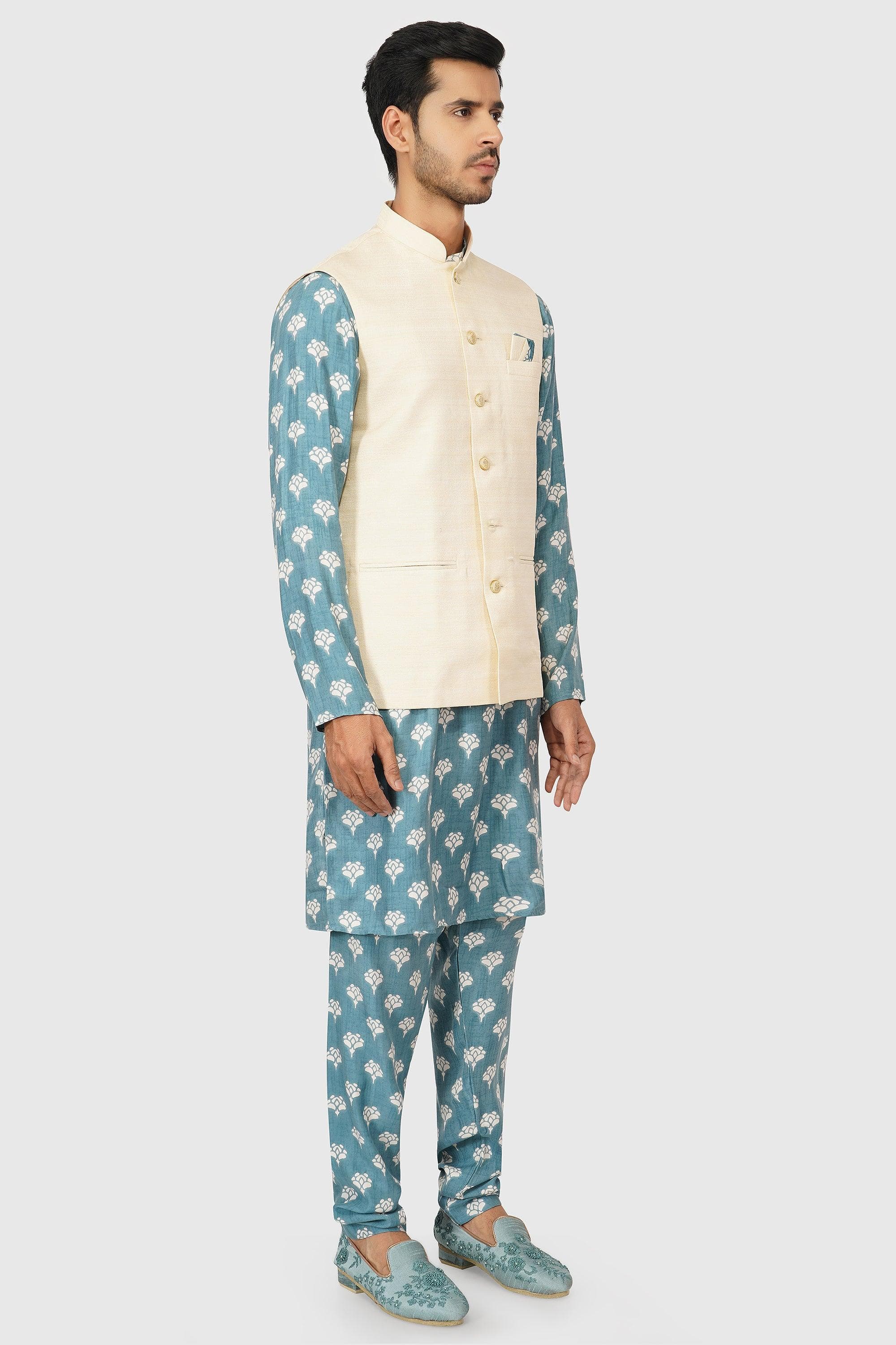 SANTI HOMME Off-White Vested Cerulean Bandi Set