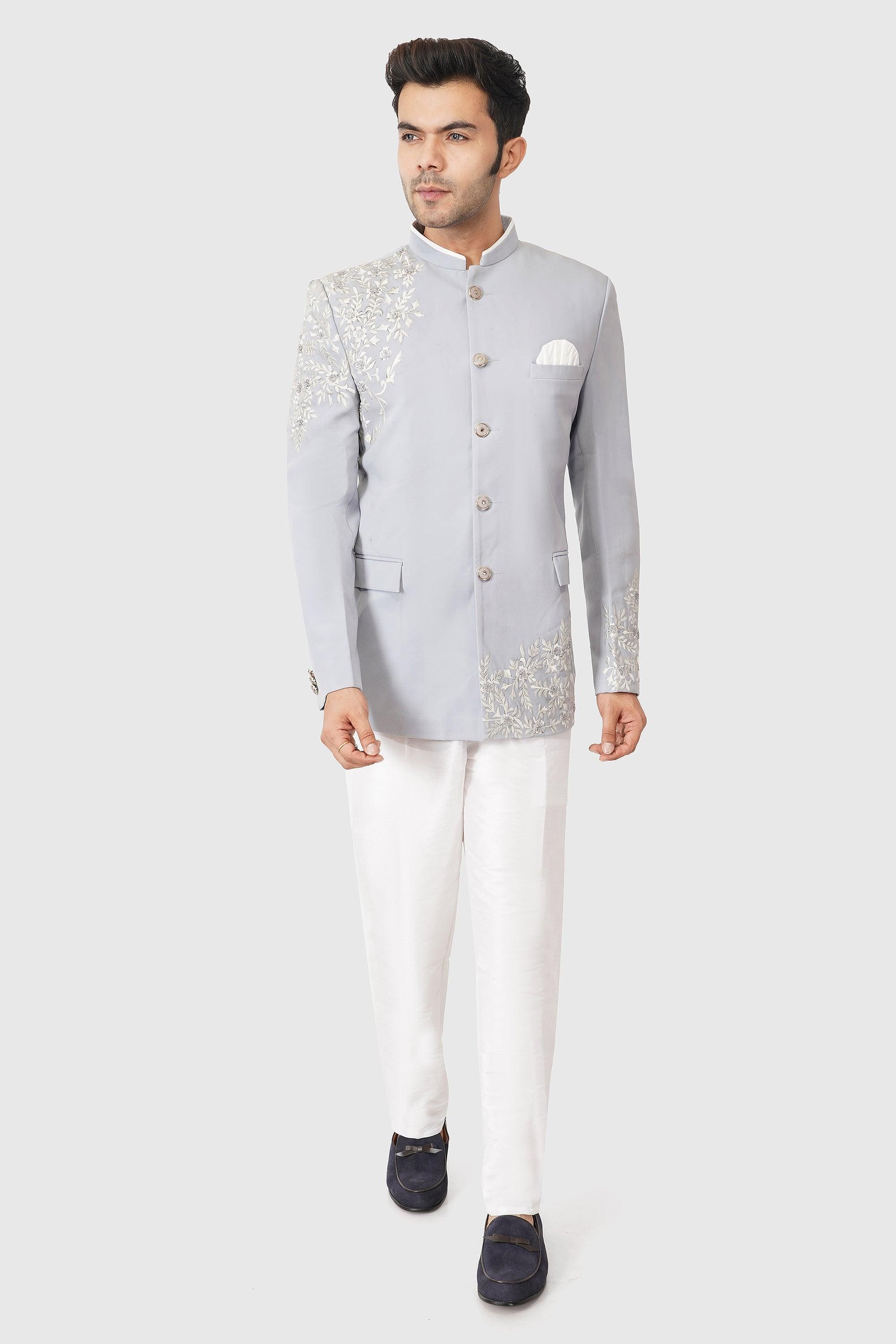 SANTI HOMME Slate Embroidered Bandhgala Set