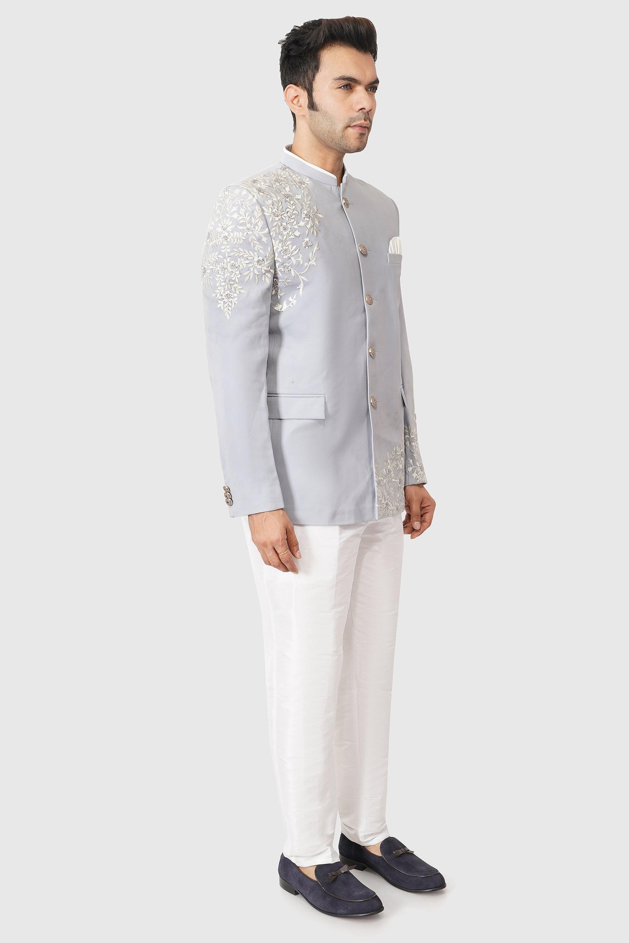 SANTI HOMME Slate Embroidered Bandhgala Set