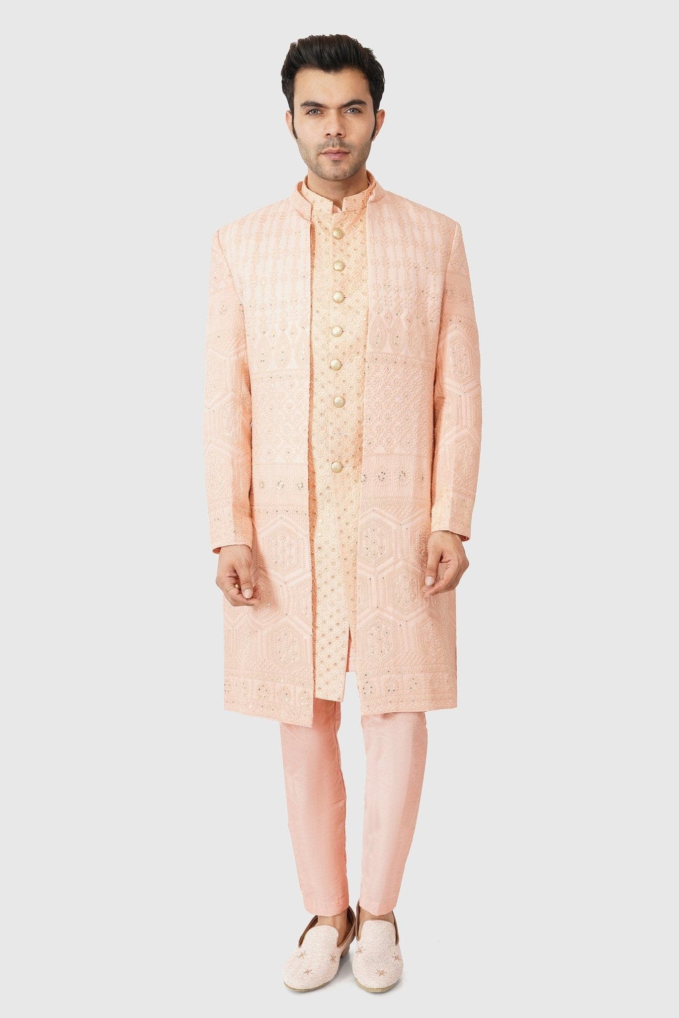 SANTI HOMME Cryptic Peach Shrug Sherwani Set
