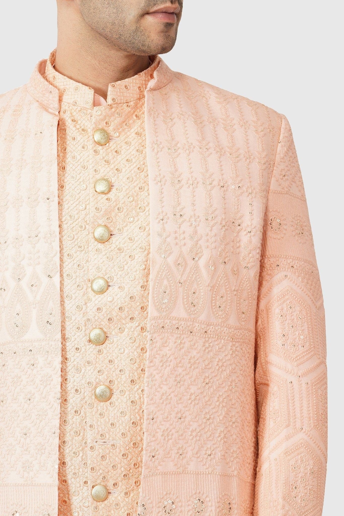 SANTI HOMME Cryptic Peach Shrug Sherwani Set