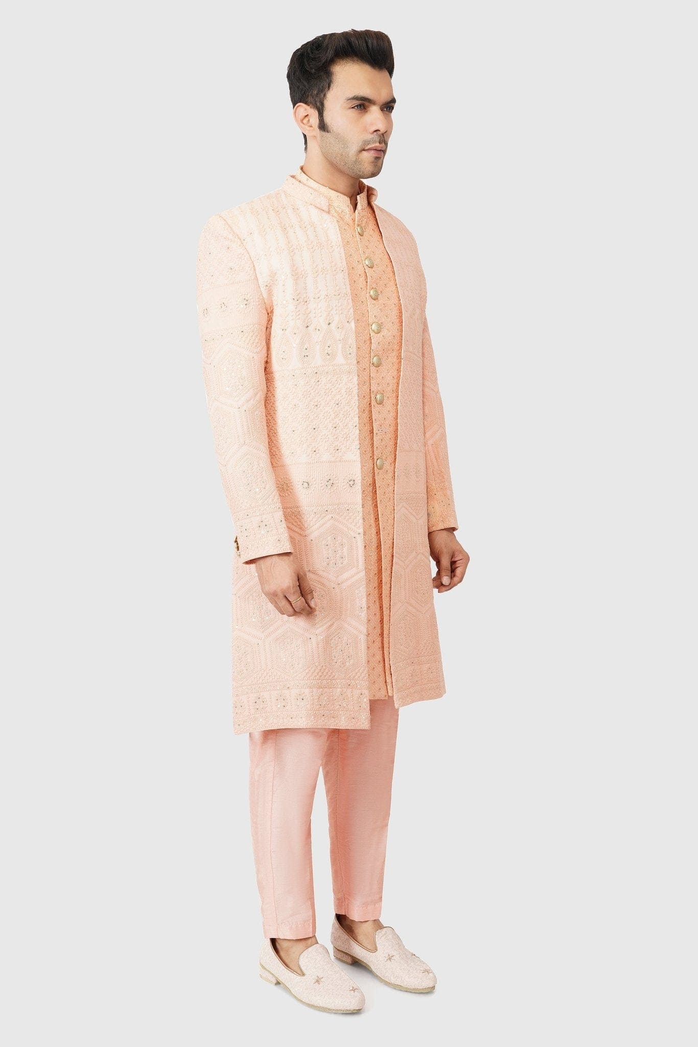 SANTI HOMME Cryptic Peach Shrug Sherwani Set