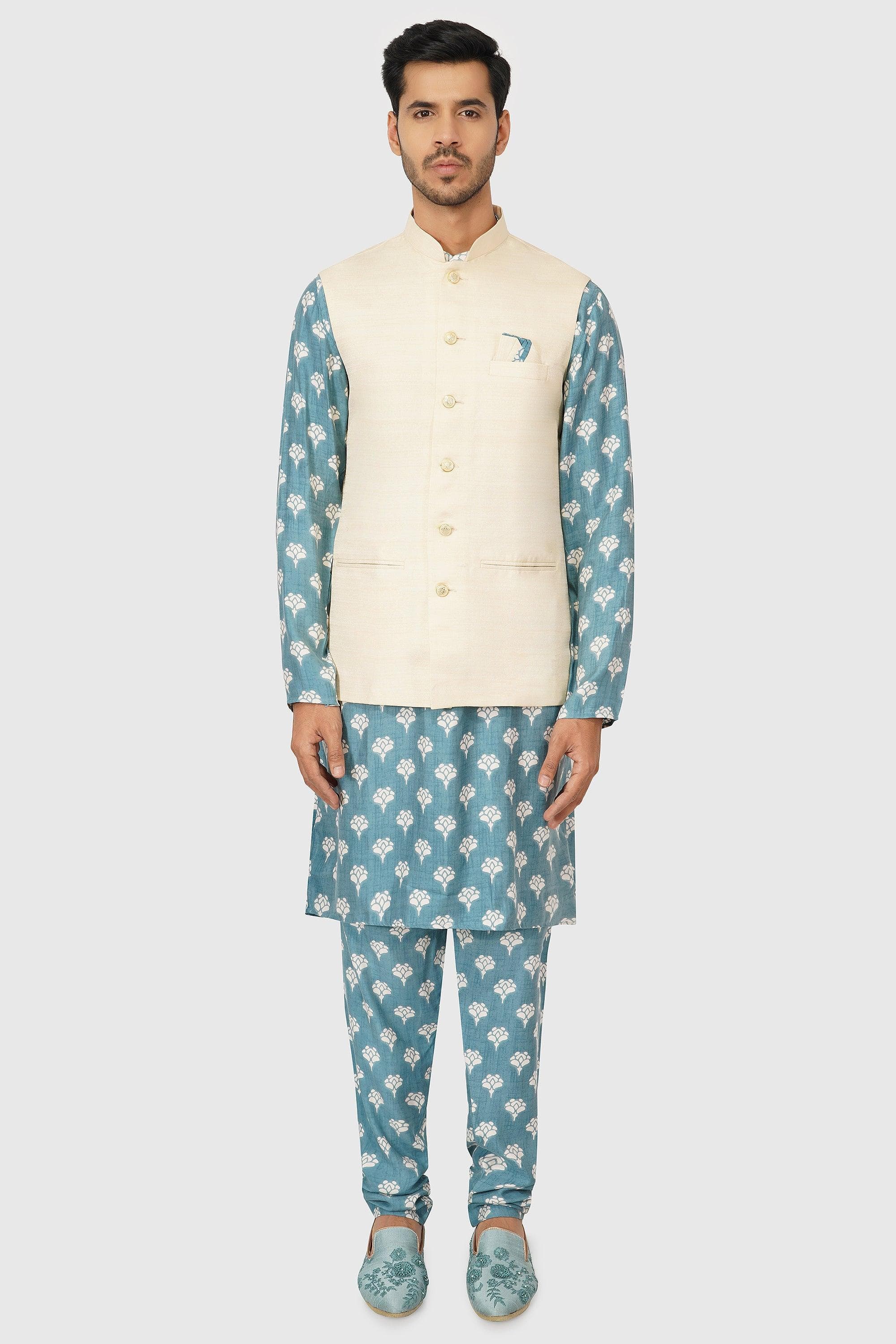 SANTI HOMME Off-White Vested Cerulean Bandi Set