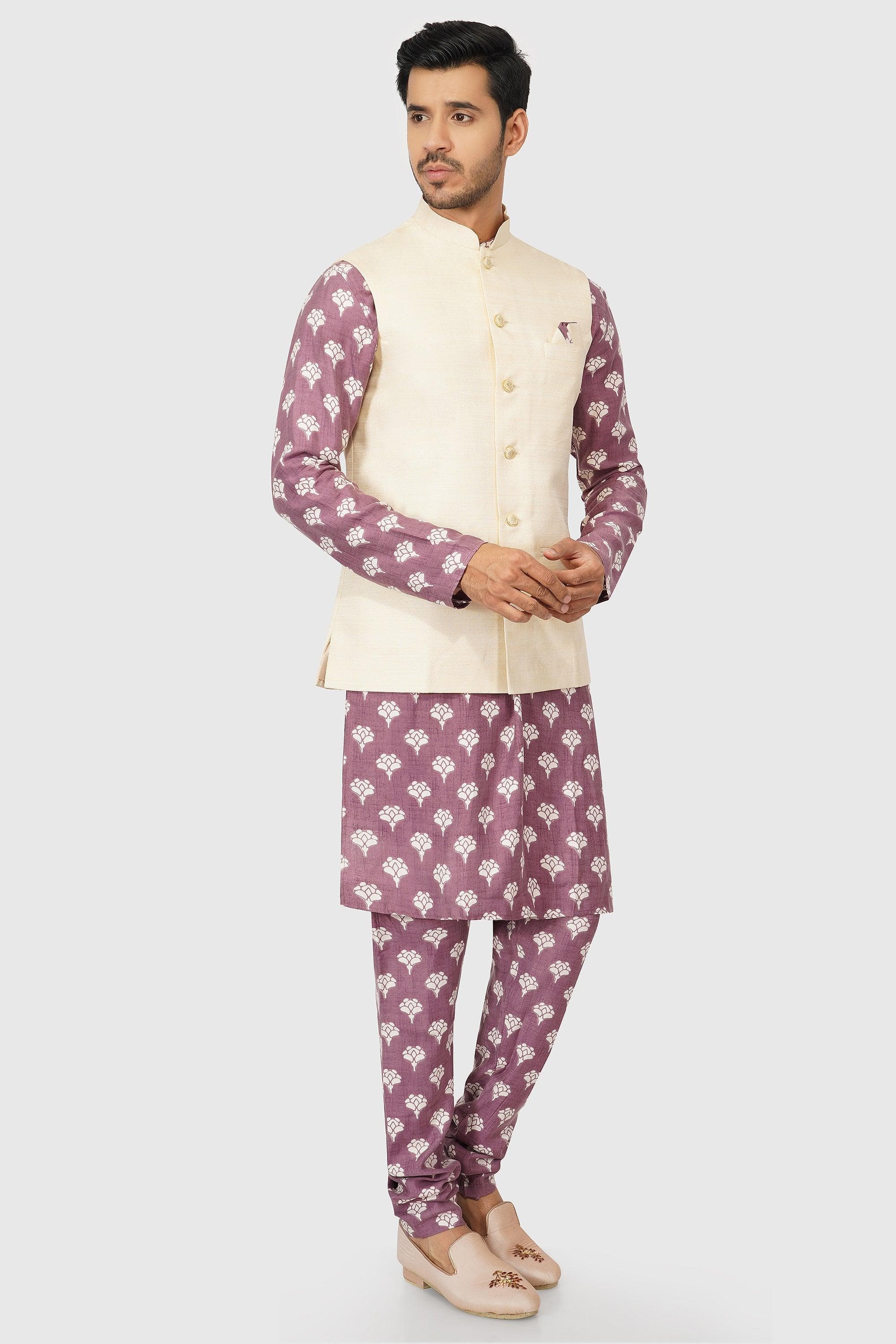 SANTI HOMME Off-White Vested Lilac Bandi Set